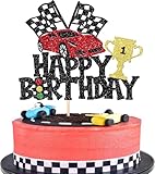1 decorazione per torta da moto, con glitter happy birthday, motocross, dirt bike, decorazione per motocross, tema torta, uomo, ragazzo, compleanno, festa, torta, colore nero, rosso