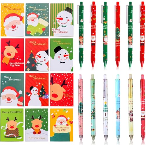 Weihnachts Gelschreiber Set,12 Weihnachts Notizblock,12 Weihnachts Kugelschreiber,Kugelschreiber Weihnachten Set,Mini Notizblock Weihnachten,Weihnachten Schreibwaren Set für Mitschüler und Kinder