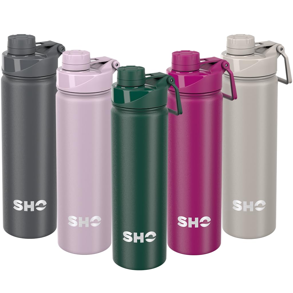 SHO Stainless Steel Sports Bottle, Leak Proof, BPA Free, No Sweat, Vacuum Insulated Double Walled Metal Flask Water Bottle