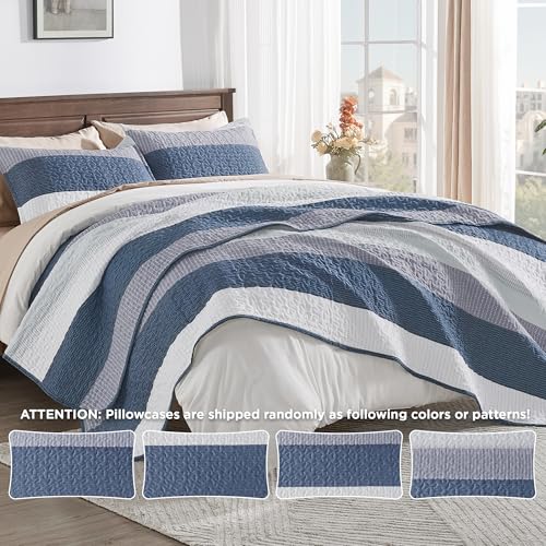 Image of Andency Oversized Queen Quilt Bedding Set, 98x98Inch Mineral Blue Stripe Bedspread Coverlet 3 Pieces, Soft Lightweight Blue Patchwork Quilted Bed Set for All Season (1 Quilt, 2 Pillowcases)
