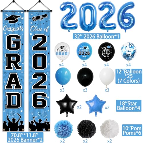 Image of 2026 Graduation Decorations, Light Blue Themed Class of 2026 Decorations Set, Congrats Grad Backdrop,Photo Banner,Door Banner,Balloons and Pom Poms Supplies for High School College Graduation Party