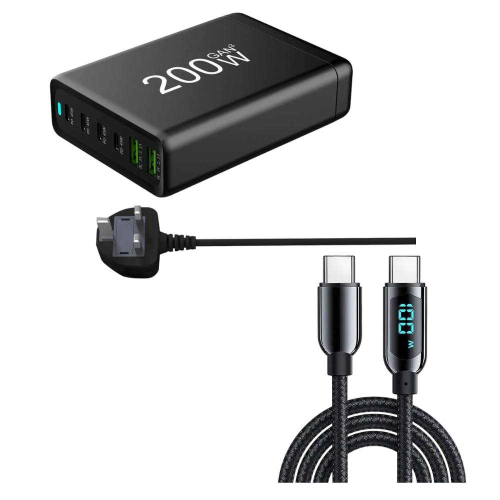 Gibz 200W 6-Port USB And C Type Adapter,Charging Station (UK Plug) – Fast Charger with Digital Display & 100W Cable for iPhone, Samsung, Pixel, Xiaomi, OnePlus, Tablets and Earbuds