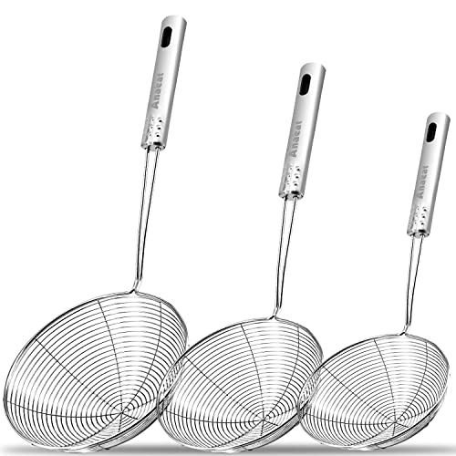 Anaeat Stainless Steel Spider Strainer Skimmer, Set of 3 Professional Kitchen Pasta Strainer Spoon with Long Handle – Asian Strainer Ladle Wire Skimmer Spoons for Cooking and Frying (4.5″+5.3″+6.1″)