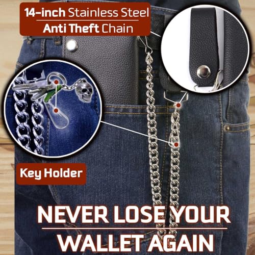 Image of Milwaukee Leather MLW7889 Men's 7.5 inch Black Premium Leather Soft Biker Wallet - Bi-Fold Anti-Theft Stainless Steel Chain