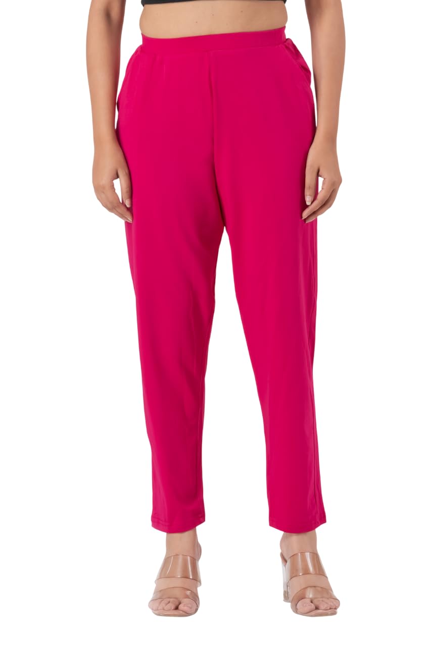 Womens Cotton Pants and Trousers | Elastic Waist Stretchable Regular Fit Solid Formal Pants for Women|Casual Office Wear | Mid Rise Ankle Length with Pockets-image-22