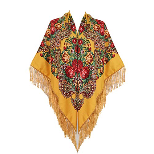 Gudessly, Bufanda tradicional retro de gran tamaño con flecos para mujer, chal de 157 x 157 cm, Estampado floral, Amarillo, 62 * 62inch