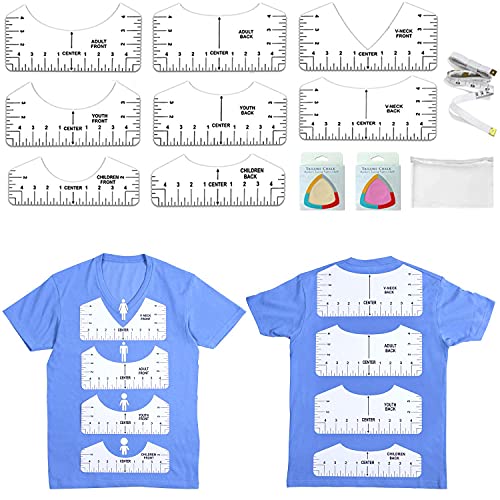 11Pcs T-Shirt Ruler, T-Shirt Guide to Center Designing, Shirts Alignment Tool with Soft Tape Measure, Shirt Placement Guide Tool with Tailor's Chalks for Adult Youth Children V-Neck(White)