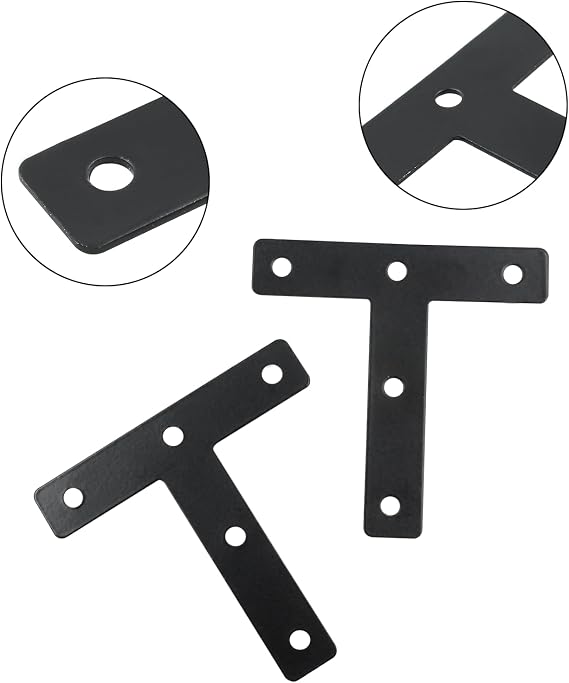 Hordion 10Pcs 3 x 3'' T Bracket, 80 X 80mm Black Repair Plate Support Brace | Flat T-shape brace set, wood joint repair use, cabinet shelf frame fix