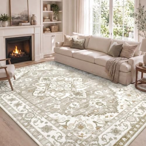Homaxy Vintage Teppich Wohnzimmer Waschbarer 160x220 cm, Akzent Beige | Kurzflor Rutschfest Groß Teppiche Boho Weich Carpet für Schlafzimmer, Kinderzimmer, Küche