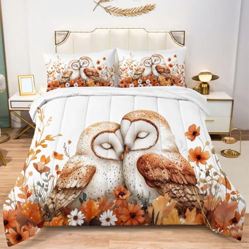 Albideyaa Two Owls Cuddling Together Comforter Set for Girls Women Queen Size Orange Little Flowers Leaves Print Bedding Set Soft Comfortable White Quilt Set with 2Pillowcases