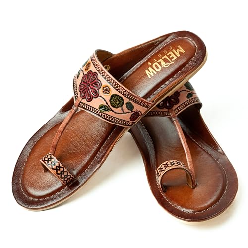 Image of Women Ladies Kolhapuri Genuine Leather Chappal Flats - Slip on Traditional Handcrafted Ethnic and Casual Toe Ring Sandals