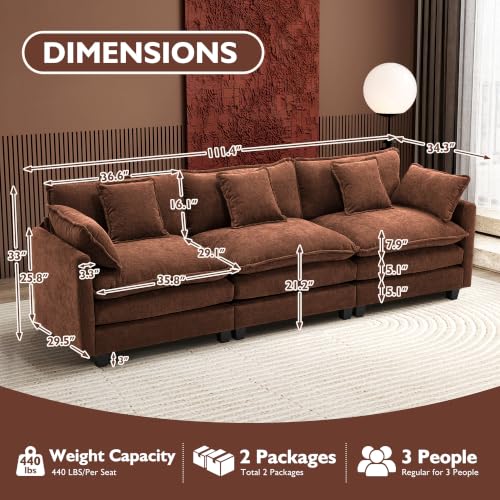 Image of Ihanherry 111.4 Inch 3-Seater Cloud Sofa, Modular Sectional Couch, Modern Deep Seat Sofa for Living Room, Comfy Double Layer Upholstered Seat Cushion, Breathable Chenille Fabric, Brick Red
