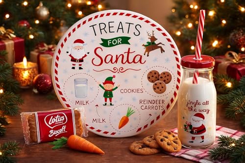 eBoutik - Ultimate Christmas Eve Plate Glass Milk Bottle & Biscuit - Reusable Santa Design Bottle with Straw Unbreakable Board with Sections for Milk Cookies for Santa Festive Holiday Decor