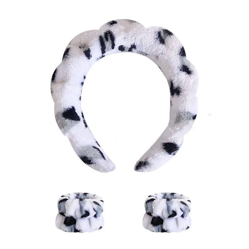 LEEMASING Spa Headband Wrist Towels Hair Band/Wristband Set For Women Girls Makeup Shower (Grey White Leopard Print) - Image 2