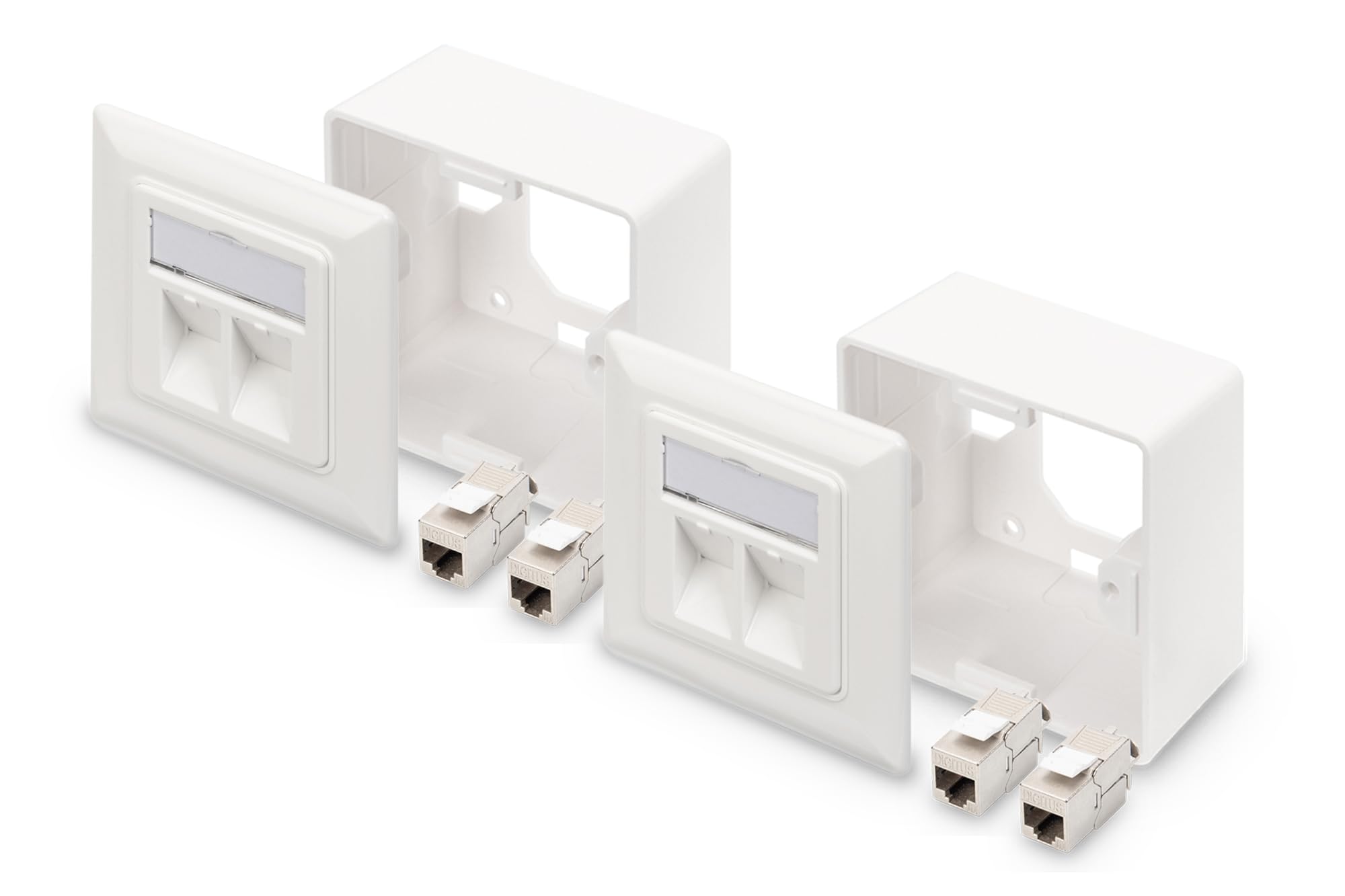 DIGITUS Set: Prise réseau 2 Ports - 2 pièces - avec 4X Module Keystone Cat6A - Sortie coudée à 45° - avec Cadre pour Montage en saillie - Blanc