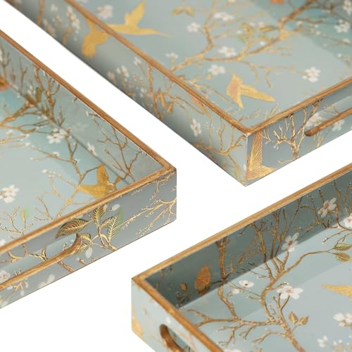 Image of Set of 3 Waterproof Lacquer Coated Wooden Trays - Humming Bird & Blossom Vintage Floral Design, Multipurpose MDF Serving Tray with Handles (16x10, 14x8, 12x6 Inches)(Setof3- SilverGoldBirds)