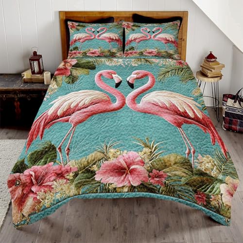 PREAUREUM Custom Flamingo Quilt Sets – Tropical Floral Bedspread King Queen Size for Women, Girls, and Home Décor Summer Bedding Gift for Birthday, Beach Lovers (Heart Couple)