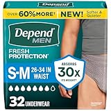 Depend Fresh Protection Adult Diapers, Incontinence Underwear for Men, Disposable, Maximum, Small/Medium, Grey, 32 Count, Packaging May Vary