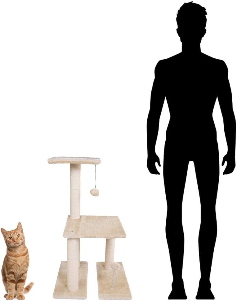 Dimaka 30" Inches Multi-Lelvel Cat Scratching Post 3 Level Soft Plush Cat Condo Activity Tree House Tower with Sisal Rope and Toy Ball(Beige)