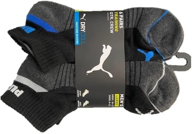 PUMA 6 PAIRS TRAINING QUARTER CREW MEN'S LARGE SOCK 10-13 SHOE 8-12 SPORT CUSHION ARCH SUPPORT DRYCELL