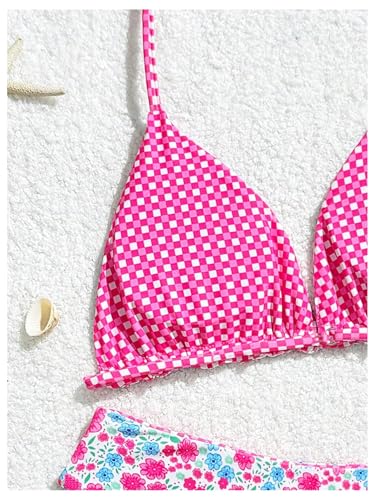 Image of RoseSeek Girl's 2 Piece Swimsuits Floral Gingham Halter Triangle Wireless Bikini Bathing Suit