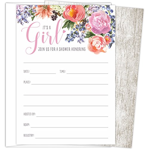 It’s A Girl Baby Shower Invitations Set Of 25 Fill-In Style 4.25” X 6” Cards And A6 Envelopes. Printed On Heavy Card Stock. #TOP5