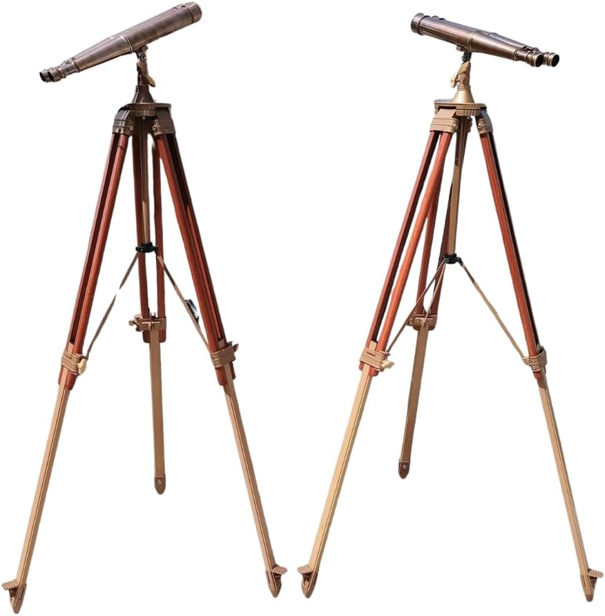 Brass Binoculars on Nautical Floor Tripod Stand, Antique Maritime Style, Set of 2