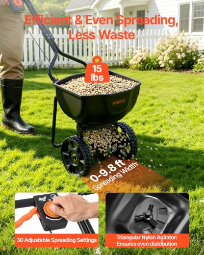 Image of VEVOR Broadcast Spreader 15 lbs Capacity Hopper Walk-Behind Push Spreader | For Lawn & Garden Small Home Use, 9.8 ft Spreading Width, 10 inch All-Terrain Tires, Adjustable Flow Control for Fertilizer Seed | For Lawn & Garden Small Home Use, 9.8 ft Spreading Width, 10 inch All-Terrain Tires, Adjustable Flow Control for Fertilizer Seed