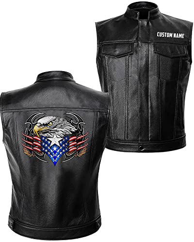 American Eagle US Flag Biker|Custom Name Personalized Motorcycle Leather PU Black Vest Men, Medium