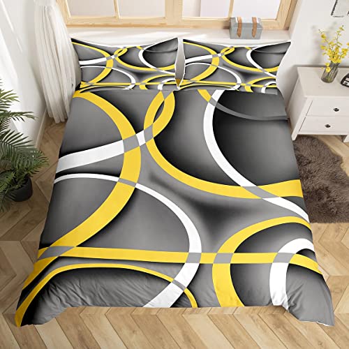 Castle Fairy Gray Black Yellow Swirls Bedding Set,Retro Circle Stripes Duvet Cover For Kids Teen Boys Girls,Modern Abstract Comforter Cover Decorative Room,Modern Simple Quilt Cover With 2 Pillowcases,King Size cover