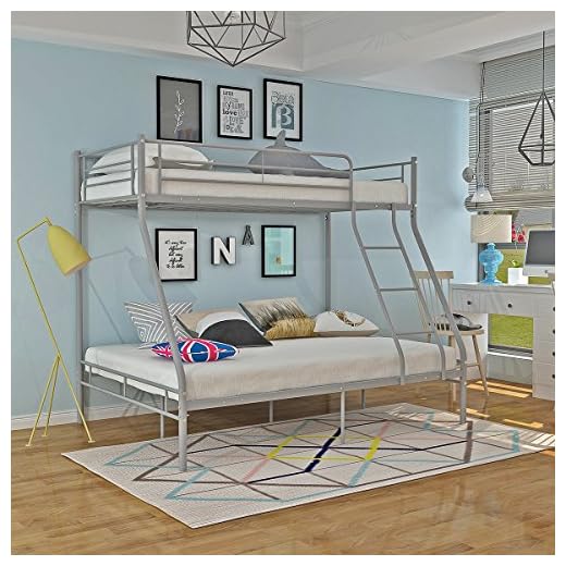 Panana Metal Triple Bunk Bed in White Single Top Double Bottom Adults Space-saving (Silver)
