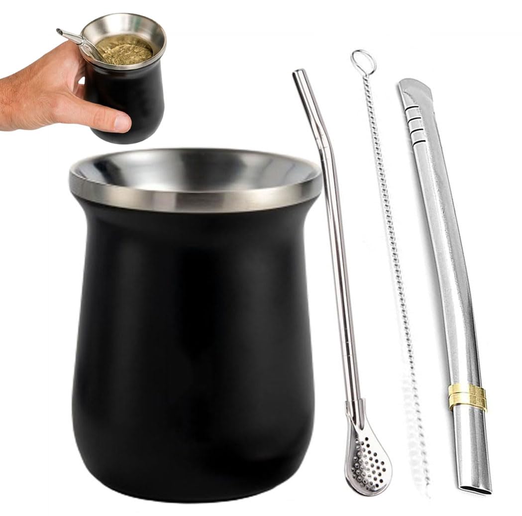 Yerba Mate Tea Cup Set, 8oz Stainless Steel Gourd With Strainer Spoon, Bombilla Straws, Cleaning Brush - Double Walled Cup for Loose Leaf Drinking, Black