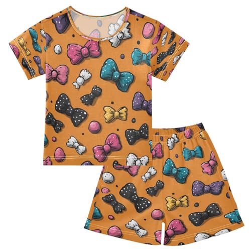 Pajama Sets Short Sleeve Colorful Bows and Polka Dots Soft Cotton Summer Sleepwear 2 Piece PJS Size 5-14T