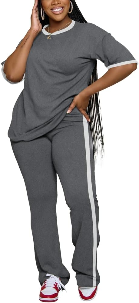 PINSV 2 Piece Sets for Women Summer Casual Short Sleeve Top and Flare Pants Lounge Sets - Image 5