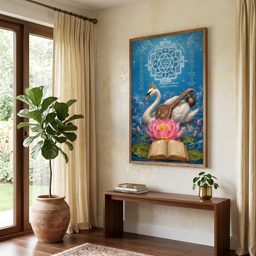 Image of Livin'luxe Saraswati Swan Veena Yantra Wall Painting for Living Room Bedroom Pooja Room Decor with Premium Wooden Color Synthetic Frame, Spiritual Hindu Art Gift (18 x 24) NL01-4090