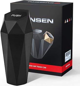 SINSEN Car Trash Can with Lid, Truck Garbage Bin and Interior Organizer Accessories Must Haves, Mini Diamond Trashcan for Road Trip, Leak-Proof, Auto/Kitchen/Bedroom Available 1, Black