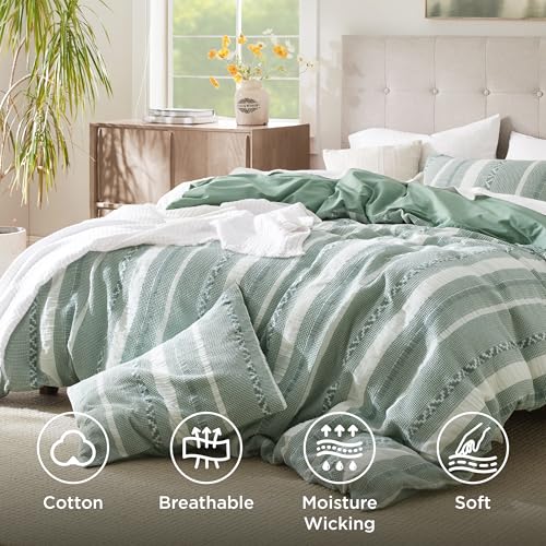 Bedsure Waffle Weave Duvet Cover Queen - 100% Cotton Boho Duvet Cover with 2 Pillowcases - Green Textured Comforter Cover with Zipper Closure (Queen, 90"x90")
