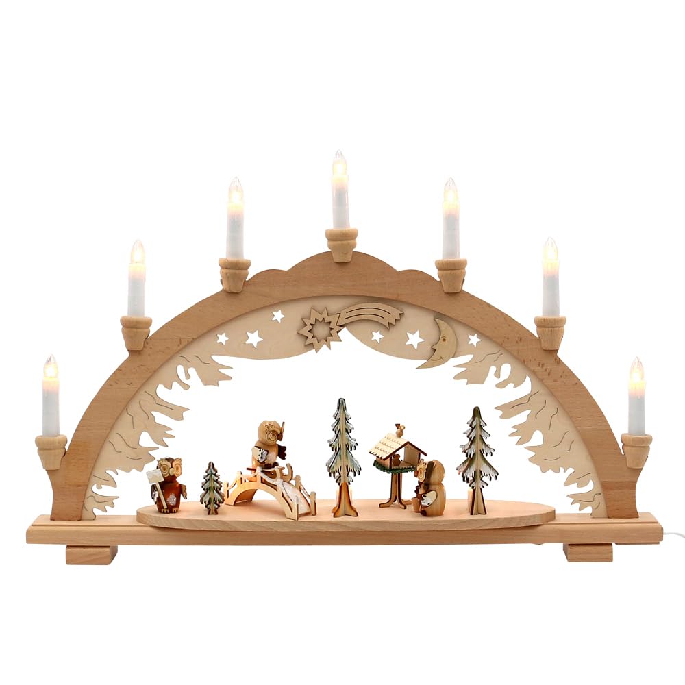 Dekohelden24 3D Holz Schwibbogen, Lichterbogen, Schwippbogen, Leuchterbogen, Fenster Schwibbogen mit 3 Eulenfiguren und Winterwald, 230V mit Kabel, 10-flammig, L/B/H ca. 57 x 9 x 38 cm.
