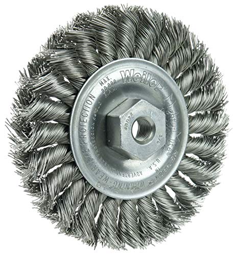 Image of Weiler 13110 Standard Twist Knot Wire Wheel 4 inch, .014 inch Stainless Steel Fill, 3 /8 inch-24 UNF Nut, Made in The USA (Pack of 5)