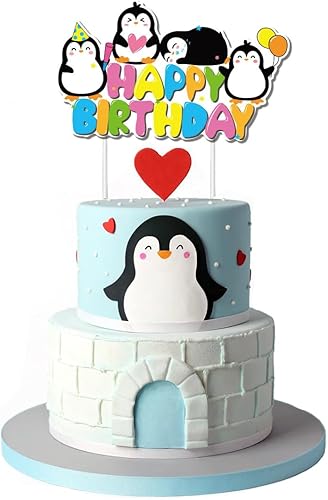 Miniatura 3 de Juego de decoración de pastel de pingüino de 16 piezas, caja de cartón lindo pingüino para pastel de feliz cumpleaños con adornos para cupcakes,