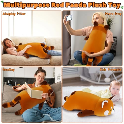Image of Auspicious beginning 30'' Giant Red Panda Plush Stuffed Animal - Large Sleeping Plush Toy Pillow, Cute Hugging Plushie, Room Decor, Christmas Birthday Gifts for Kids Girls Boys Valentine's Day Gift