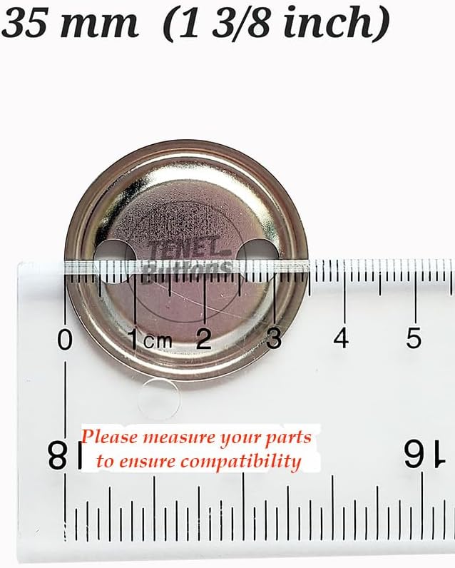 A ruler measuring the pin-back component, showing a diameter of approximately 35 mm (1 3/8 inches).