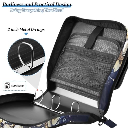 Image of Custom 3 Ring Zipper Binder Astrology Moon Flower Personalized Name 1.5 Inch Binders Large Capacity Multi Pockets for School Office Supplies