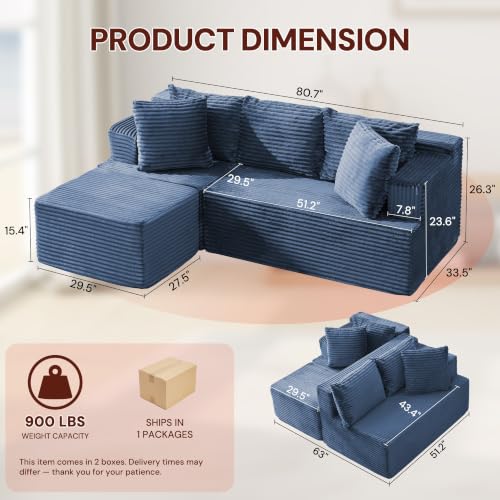 Image of Korser Boneless Couches for Living Room, Cloud Couch Sectional with Ottoman, L-Shaped Sofa with Fluffy Comfy Corduroy Deep Seat, Bedroom, Apartment, No Assembly Required