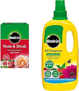 Miracle-Gro 100063 Rose and Shrub Fast Acting Granules Plant Food 3 kg, Red & 119649 All Purpose Concentrated Liquid Plant Food 1 Litre