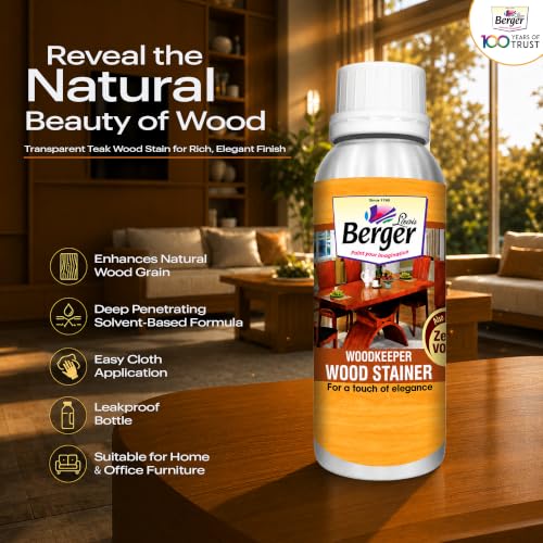 Image of Berger Wood Keeper Teak Wood Stain with Leakproof Bottle & Easy Cloth Application Transparent Solvent-Based Stainer for Home Office Furniture Surfaces Shine and Finish (Pack of 1, 1L)