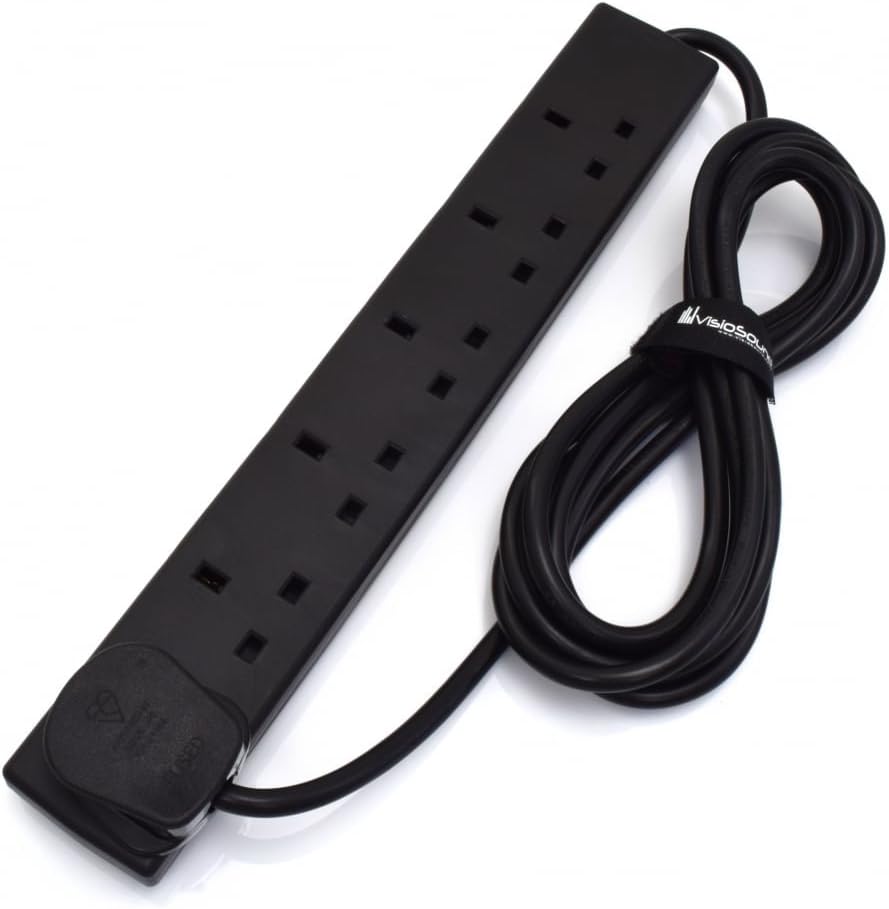 6-Gang Extension Trailing Lead - Black Multi Plug Power Cable - 1m / 2m / 3m / 5m / 10m 3m