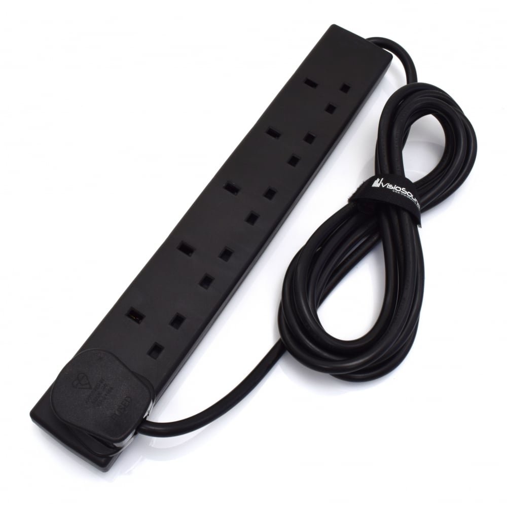 6-Gang Extension Trailing Lead - Black Multi Plug Power Cable - 1m / 2m / 3m / 5m / 10m 3m