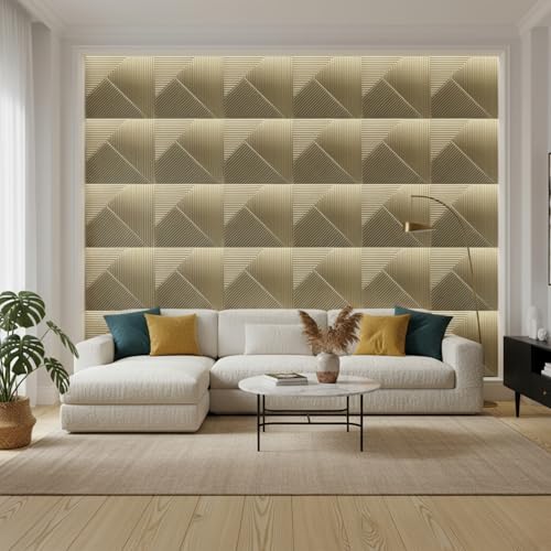 Image of Kayra Decor 3D PVC Wall Panels - Stripe Design, Champagne Gold Color 19.7 inch x 19.7 inch (Pack of 3) - Covers 8.07 Sq. Ft.