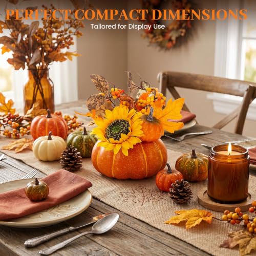 Image of DomeStar Pumpkin Decor, Fall Centerpieces for Tables, Artificial Pumpkins | Sunflowers Maple Leaves Berry Clusters, Decorating Fall & Thanksgiving Decor Harvest, Tabletop Home Kitchen Party